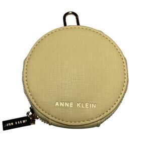 NEW Anne Klein Round Coin Purse Clip Cream Zip Close Pouch Swivel Clip